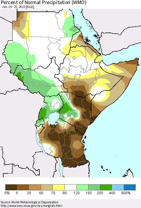Eastern Africa Percent of Normal Precipitation (WMO) Thematic Map For 6/19/2023 - 6/25/2023