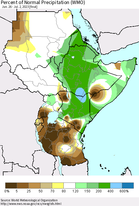 Eastern Africa Percent of Normal Precipitation (WMO) Thematic Map For 6/26/2023 - 7/2/2023