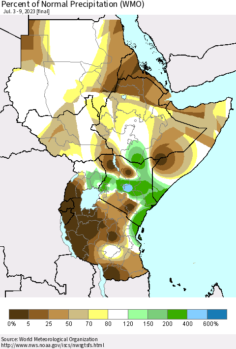 Eastern Africa Percent of Normal Precipitation (WMO) Thematic Map For 7/3/2023 - 7/9/2023