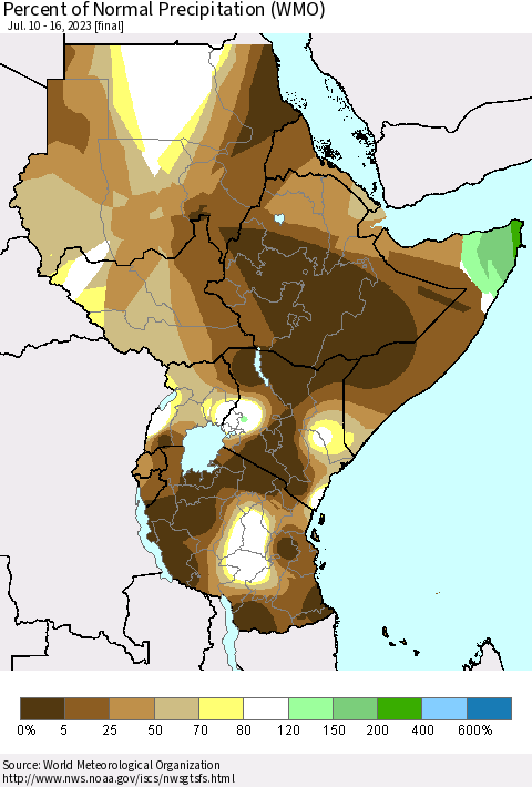 Eastern Africa Percent of Normal Precipitation (WMO) Thematic Map For 7/10/2023 - 7/16/2023