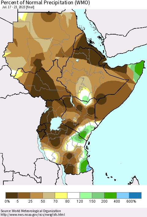 Eastern Africa Percent of Normal Precipitation (WMO) Thematic Map For 7/17/2023 - 7/23/2023