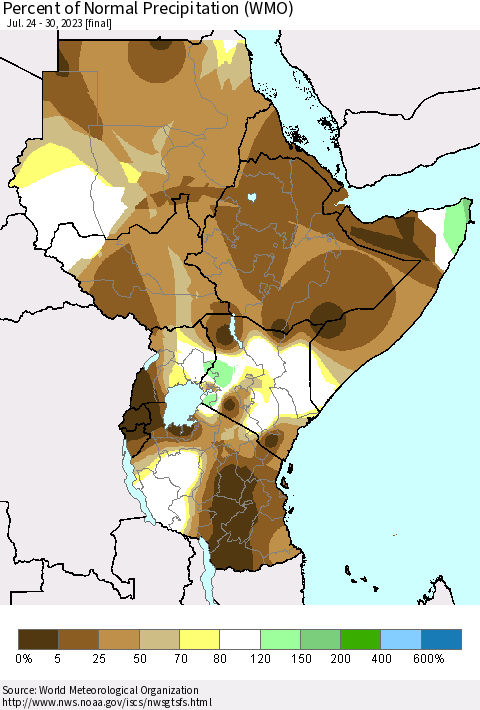 Eastern Africa Percent of Normal Precipitation (WMO) Thematic Map For 7/24/2023 - 7/30/2023
