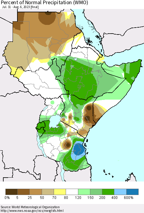 Eastern Africa Percent of Normal Precipitation (WMO) Thematic Map For 7/31/2023 - 8/6/2023