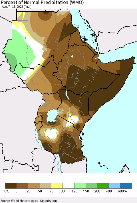 Eastern Africa Percent of Normal Precipitation (WMO) Thematic Map For 8/7/2023 - 8/13/2023