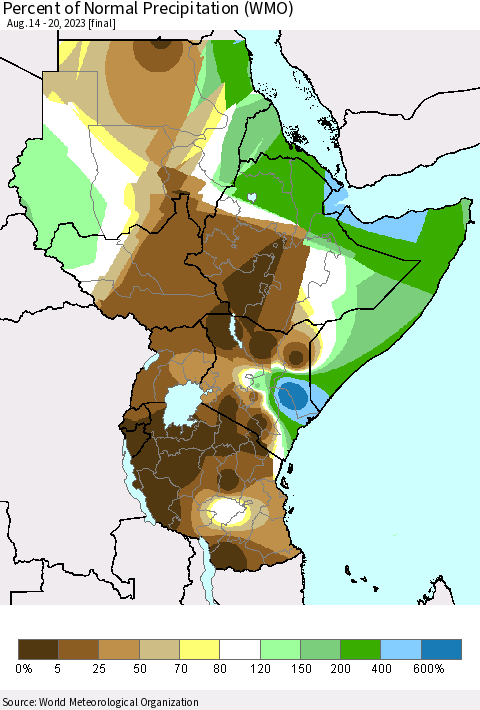 Eastern Africa Percent of Normal Precipitation (WMO) Thematic Map For 8/14/2023 - 8/20/2023