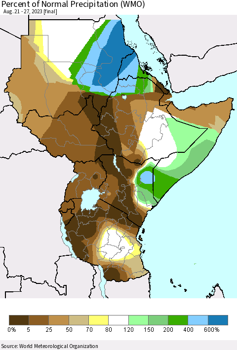 Eastern Africa Percent of Normal Precipitation (WMO) Thematic Map For 8/21/2023 - 8/27/2023