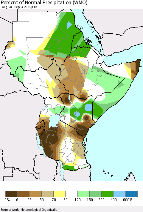 Eastern Africa Percent of Normal Precipitation (WMO) Thematic Map For 8/28/2023 - 9/3/2023