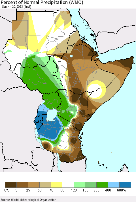 Eastern Africa Percent of Normal Precipitation (WMO) Thematic Map For 9/4/2023 - 9/10/2023