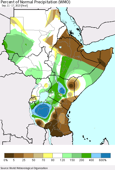 Eastern Africa Percent of Normal Precipitation (WMO) Thematic Map For 9/11/2023 - 9/17/2023