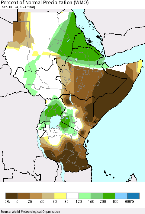 Eastern Africa Percent of Normal Precipitation (WMO) Thematic Map For 9/18/2023 - 9/24/2023