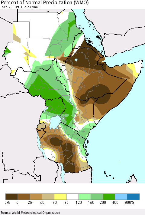 Eastern Africa Percent of Normal Precipitation (WMO) Thematic Map For 9/25/2023 - 10/1/2023