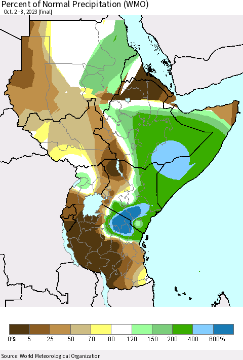 Eastern Africa Percent of Normal Precipitation (WMO) Thematic Map For 10/2/2023 - 10/8/2023