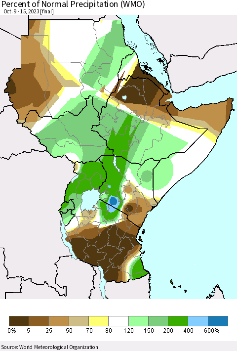 Eastern Africa Percent of Normal Precipitation (WMO) Thematic Map For 10/9/2023 - 10/15/2023