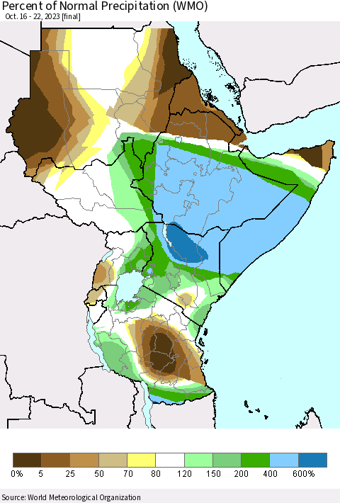 Eastern Africa Percent of Normal Precipitation (WMO) Thematic Map For 10/16/2023 - 10/22/2023