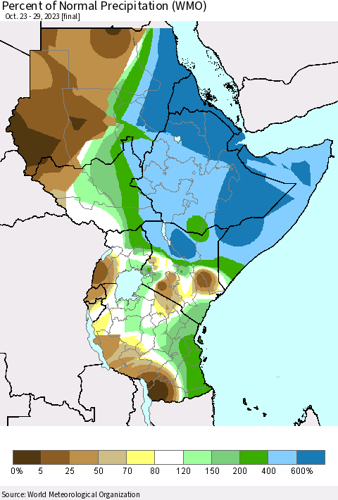 Eastern Africa Percent of Normal Precipitation (WMO) Thematic Map For 10/23/2023 - 10/29/2023