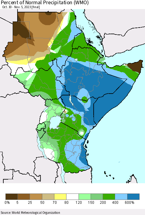 Eastern Africa Percent of Normal Precipitation (WMO) Thematic Map For 10/30/2023 - 11/5/2023