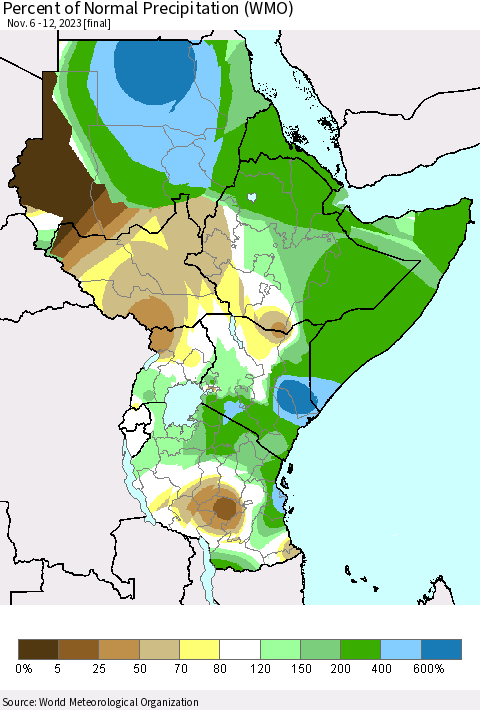 Eastern Africa Percent of Normal Precipitation (WMO) Thematic Map For 11/6/2023 - 11/12/2023
