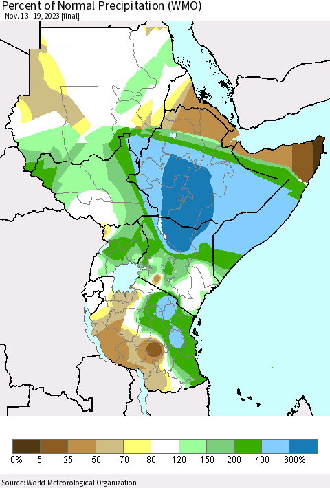 Eastern Africa Percent of Normal Precipitation (WMO) Thematic Map For 11/13/2023 - 11/19/2023