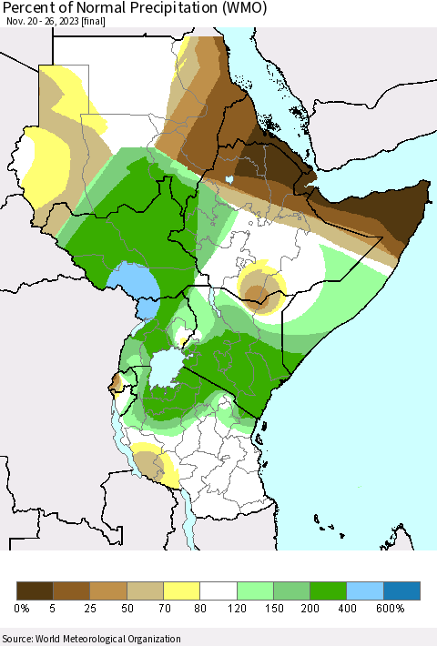 Eastern Africa Percent of Normal Precipitation (WMO) Thematic Map For 11/20/2023 - 11/26/2023