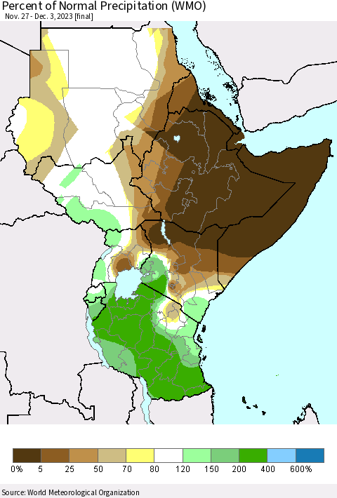 Eastern Africa Percent of Normal Precipitation (WMO) Thematic Map For 11/27/2023 - 12/3/2023