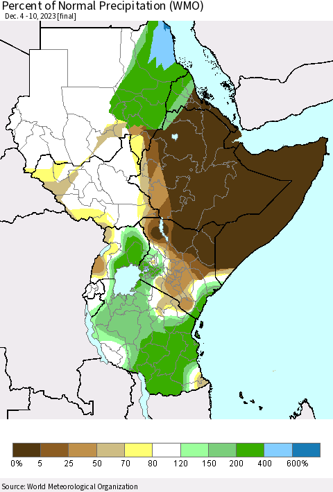 Eastern Africa Percent of Normal Precipitation (WMO) Thematic Map For 12/4/2023 - 12/10/2023