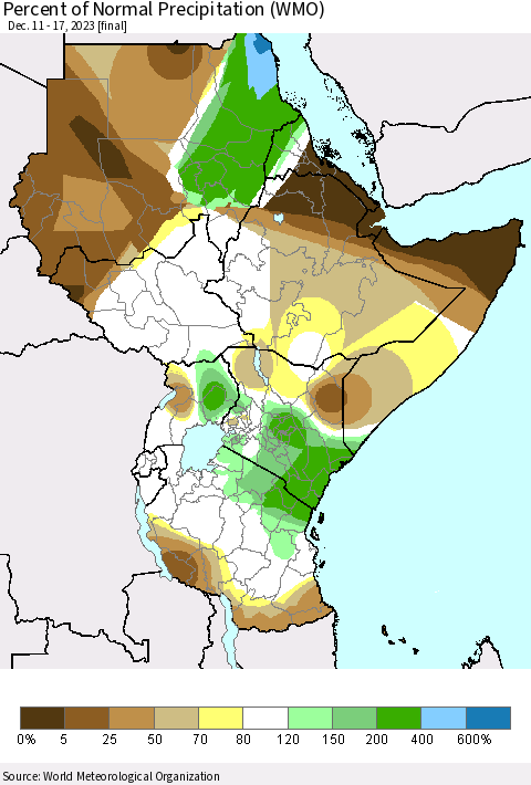 Eastern Africa Percent of Normal Precipitation (WMO) Thematic Map For 12/11/2023 - 12/17/2023
