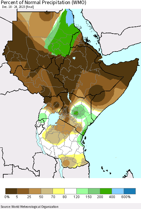 Eastern Africa Percent of Normal Precipitation (WMO) Thematic Map For 12/18/2023 - 12/24/2023