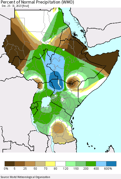 Eastern Africa Percent of Normal Precipitation (WMO) Thematic Map For 12/25/2023 - 12/31/2023