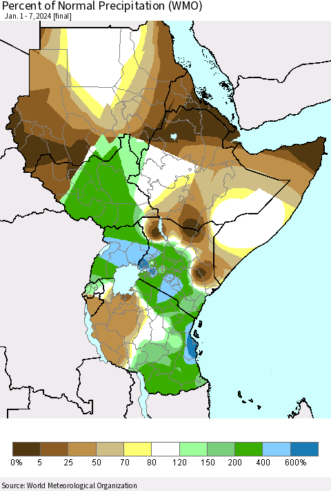 Eastern Africa Percent of Normal Precipitation (WMO) Thematic Map For 1/1/2024 - 1/7/2024