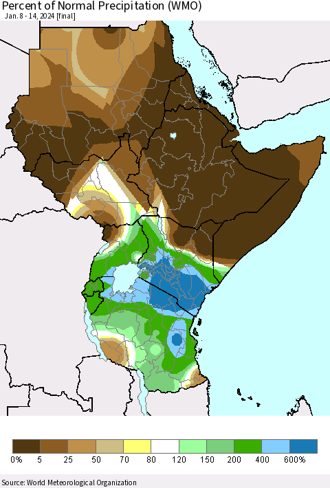 Eastern Africa Percent of Normal Precipitation (WMO) Thematic Map For 1/8/2024 - 1/14/2024