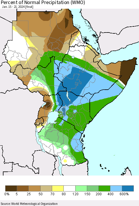 Eastern Africa Percent of Normal Precipitation (WMO) Thematic Map For 1/15/2024 - 1/21/2024