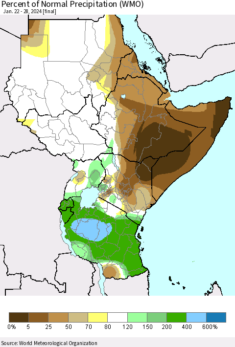 Eastern Africa Percent of Normal Precipitation (WMO) Thematic Map For 1/22/2024 - 1/28/2024