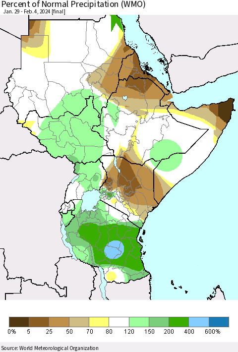 Eastern Africa Percent of Normal Precipitation (WMO) Thematic Map For 1/29/2024 - 2/4/2024