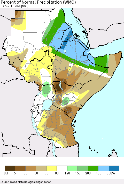 Eastern Africa Percent of Normal Precipitation (WMO) Thematic Map For 2/5/2024 - 2/11/2024