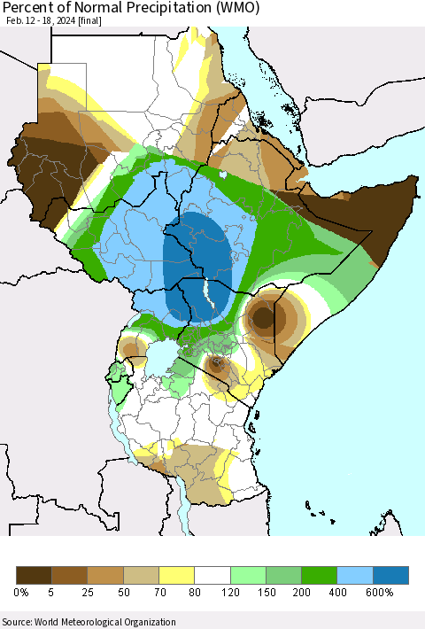 Eastern Africa Percent of Normal Precipitation (WMO) Thematic Map For 2/12/2024 - 2/18/2024