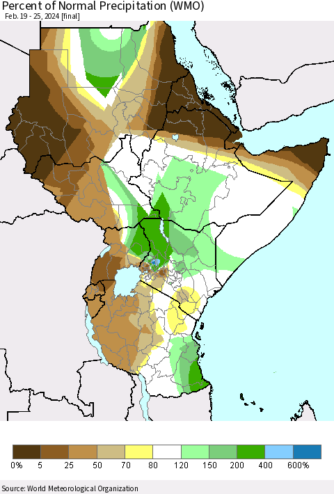Eastern Africa Percent of Normal Precipitation (WMO) Thematic Map For 2/19/2024 - 2/25/2024