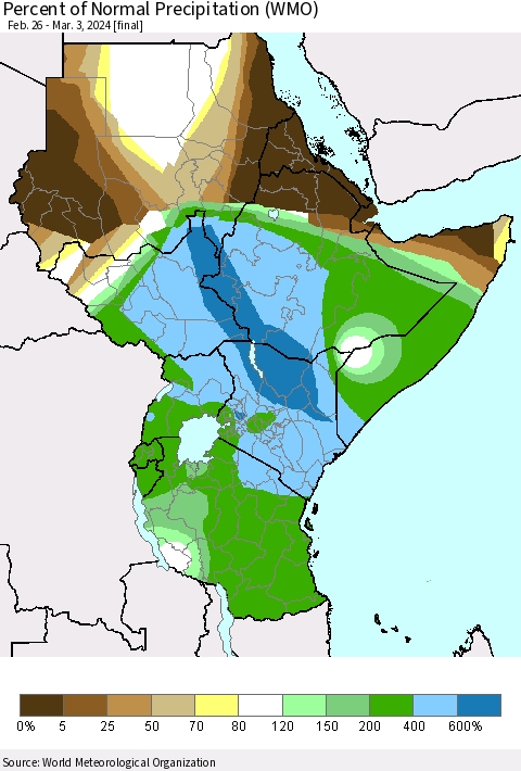 Eastern Africa Percent of Normal Precipitation (WMO) Thematic Map For 2/26/2024 - 3/3/2024