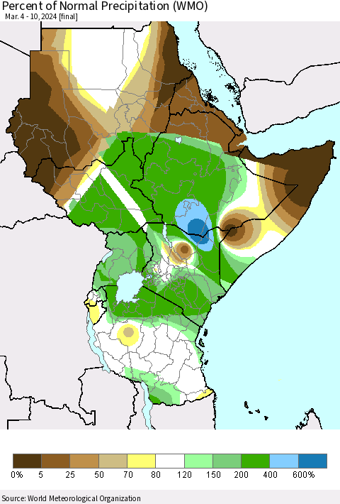 Eastern Africa Percent of Normal Precipitation (WMO) Thematic Map For 3/4/2024 - 3/10/2024