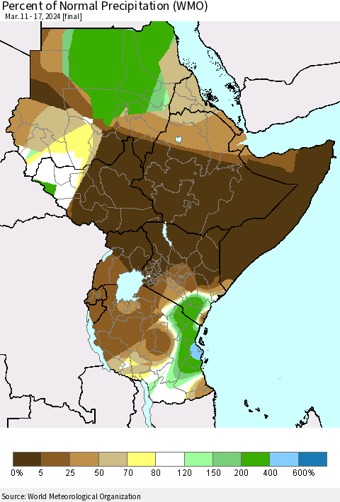 Eastern Africa Percent of Normal Precipitation (WMO) Thematic Map For 3/11/2024 - 3/17/2024