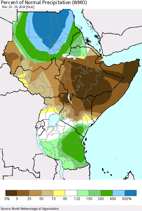 Eastern Africa Percent of Normal Precipitation (WMO) Thematic Map For 3/18/2024 - 3/24/2024