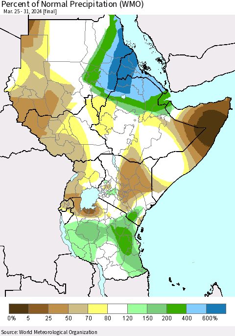 Eastern Africa Percent of Normal Precipitation (WMO) Thematic Map For 3/25/2024 - 3/31/2024