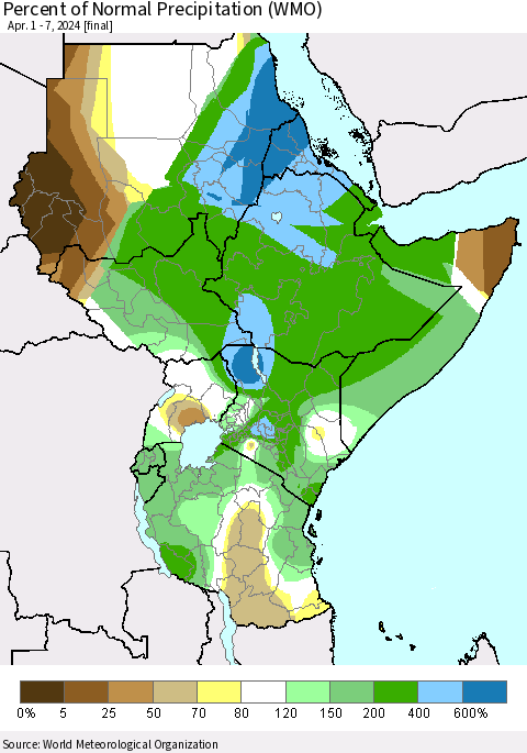 Eastern Africa Percent of Normal Precipitation (WMO) Thematic Map For 4/1/2024 - 4/7/2024
