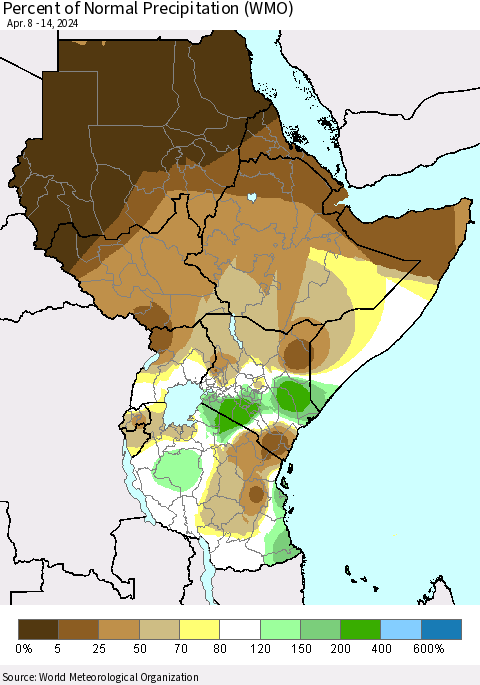 Eastern Africa Percent of Normal Precipitation (WMO) Thematic Map For 4/8/2024 - 4/14/2024
