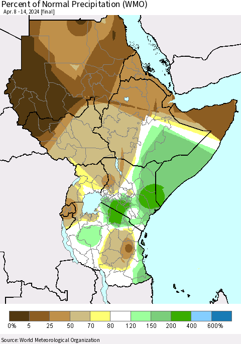 Eastern Africa Percent of Normal Precipitation (WMO) Thematic Map For 4/8/2024 - 4/14/2024