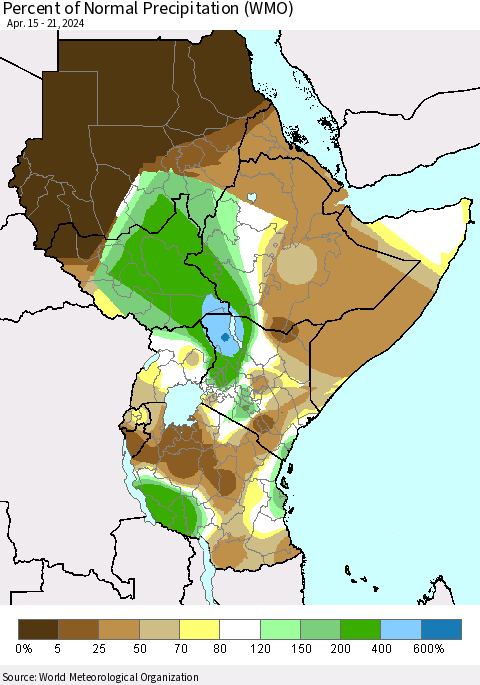 Eastern Africa Percent of Normal Precipitation (WMO) Thematic Map For 4/15/2024 - 4/21/2024