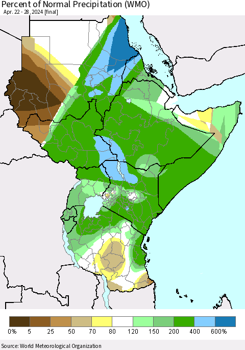 Eastern Africa Percent of Normal Precipitation (WMO) Thematic Map For 4/22/2024 - 4/28/2024