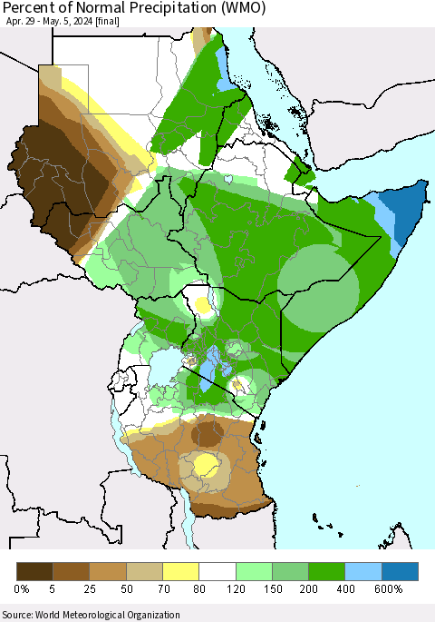 Eastern Africa Percent of Normal Precipitation (WMO) Thematic Map For 4/29/2024 - 5/5/2024