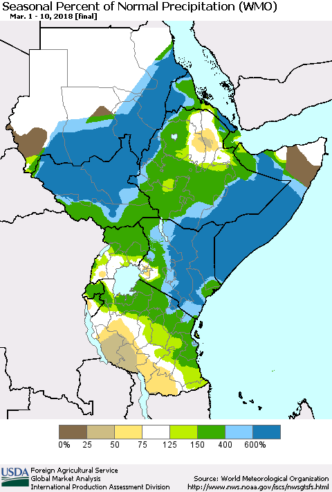 Eastern Africa Seasonal Percent of Normal Precipitation (WMO) Thematic Map For 3/1/2018 - 3/10/2018