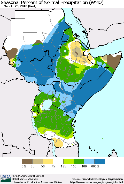 Eastern Africa Seasonal Percent of Normal Precipitation (WMO) Thematic Map For 3/1/2018 - 3/20/2018