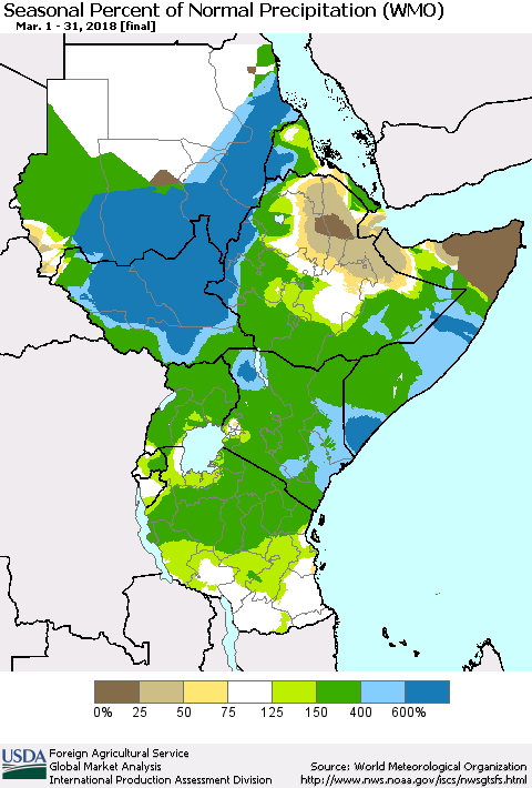Eastern Africa Seasonal Percent of Normal Precipitation (WMO) Thematic Map For 3/1/2018 - 3/31/2018